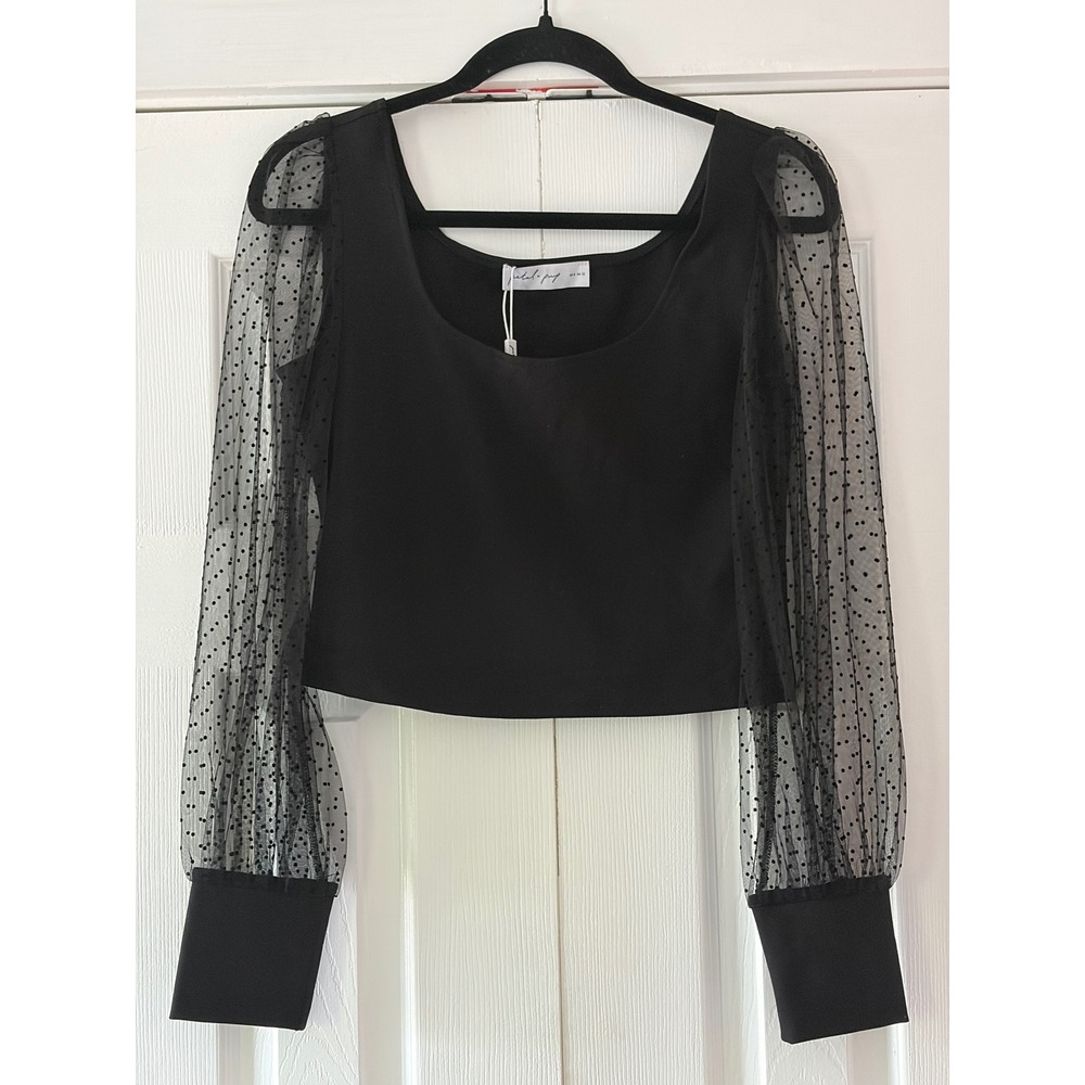 Petal + Pup Black Polka Dot Sheer Mesh Sleeve Crop Top Square Neck US 8 NEW